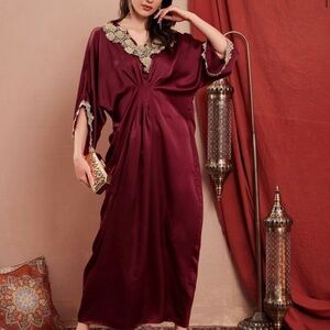 Elegant Burgundy Women's Kaftan with Gold Accents